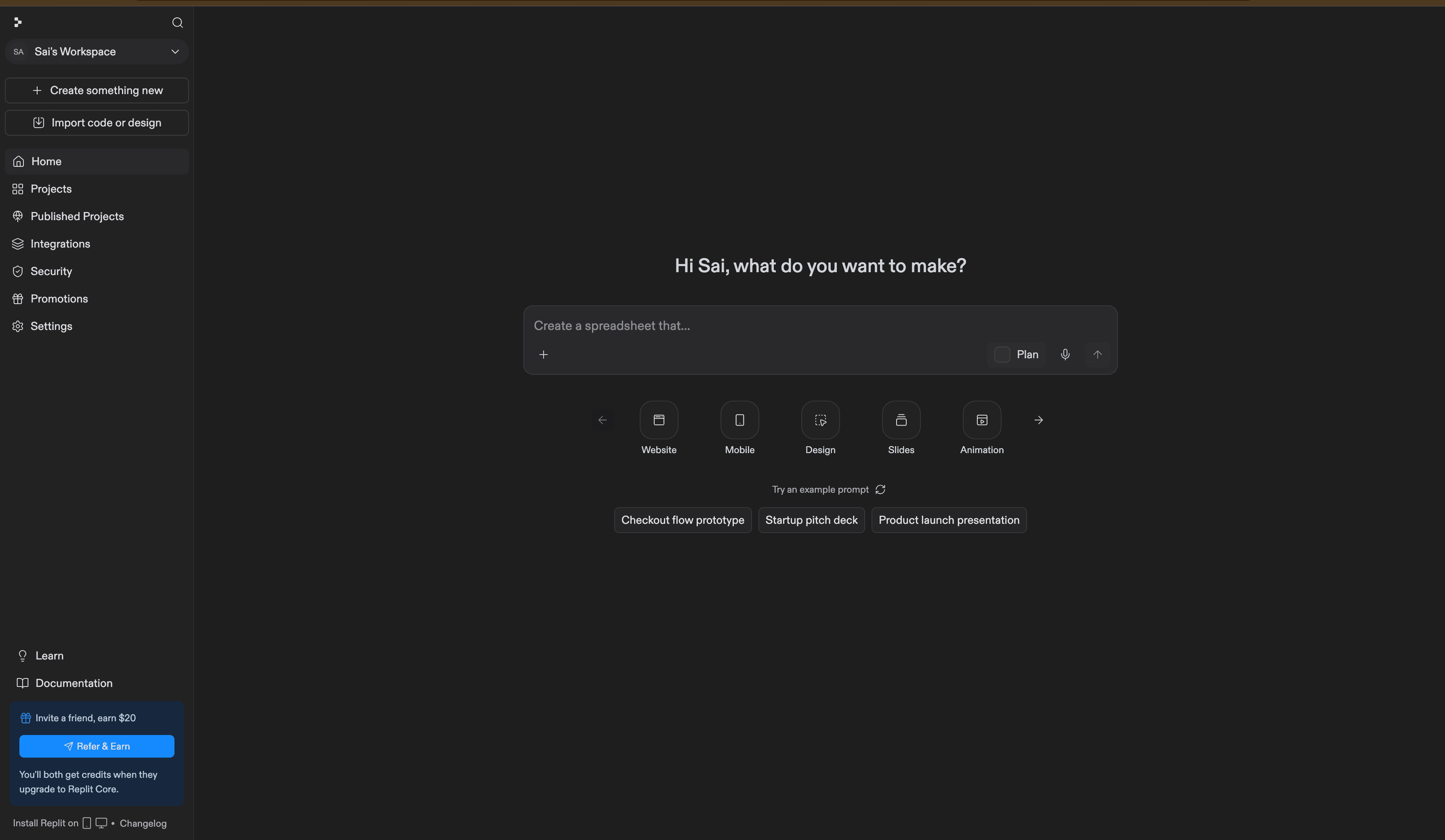 Replit workspace home screen after logging in