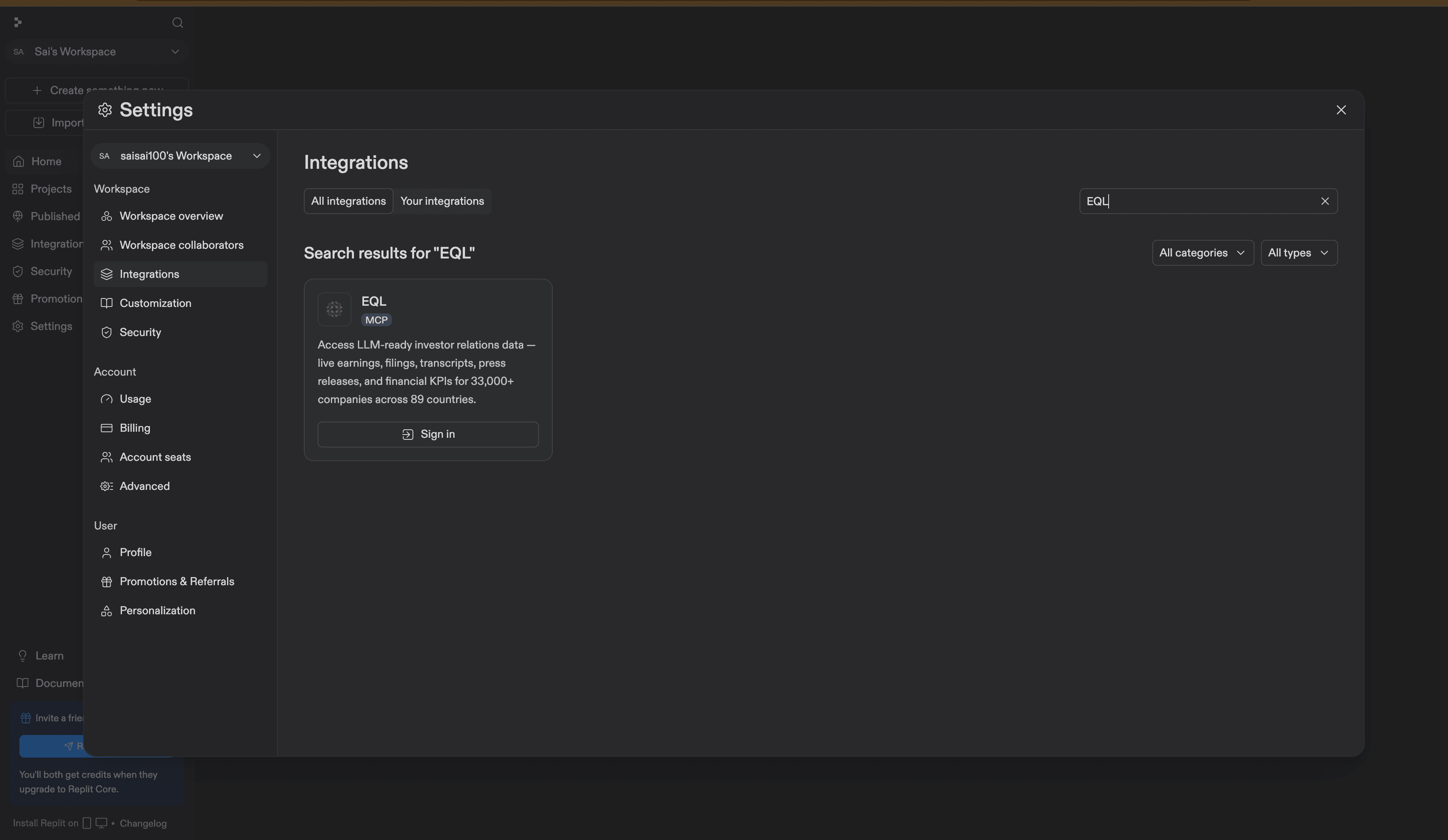Replit Integrations panel with EQL MCP search result and Sign in button
