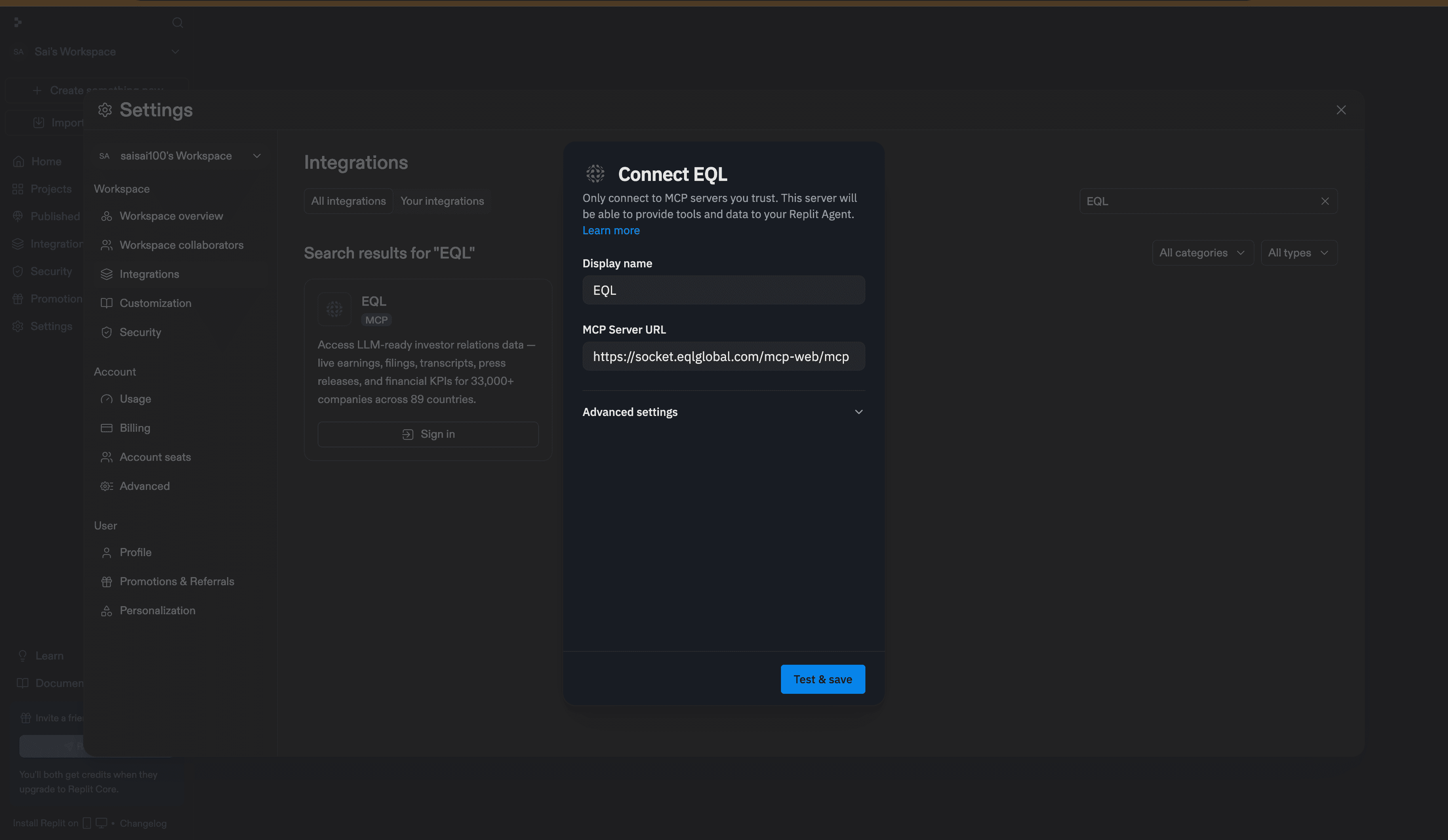 Connect EQL window in Replit showing display name and MCP Server URL fields
