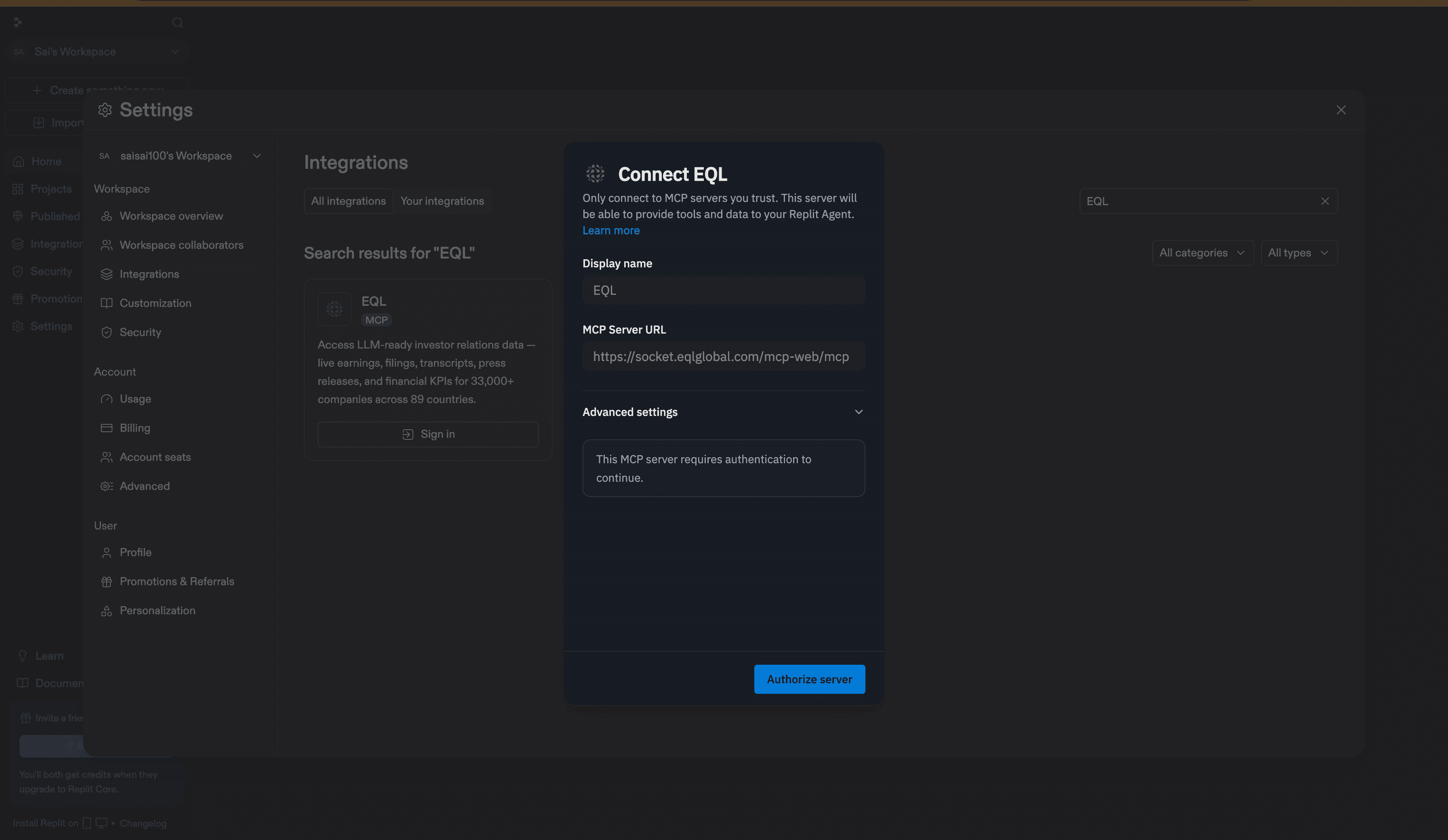 Replit prompt to authorize the EQL MCP server