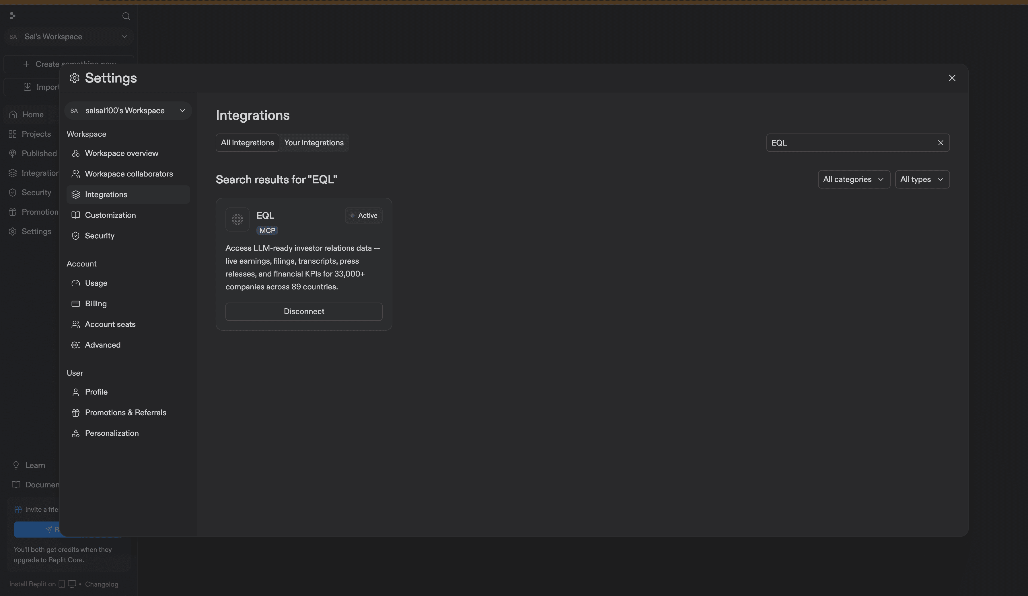 EQL MCP shown as Active in Replit's Integrations panel