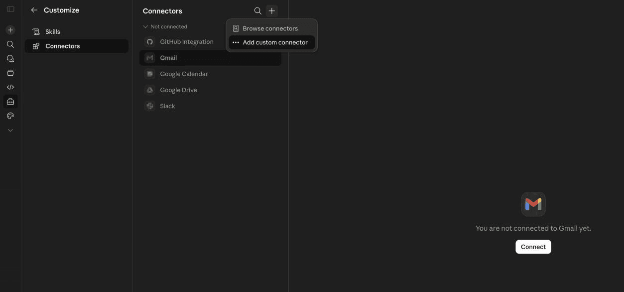 Claude.ai profile menu with Customize option highlighted