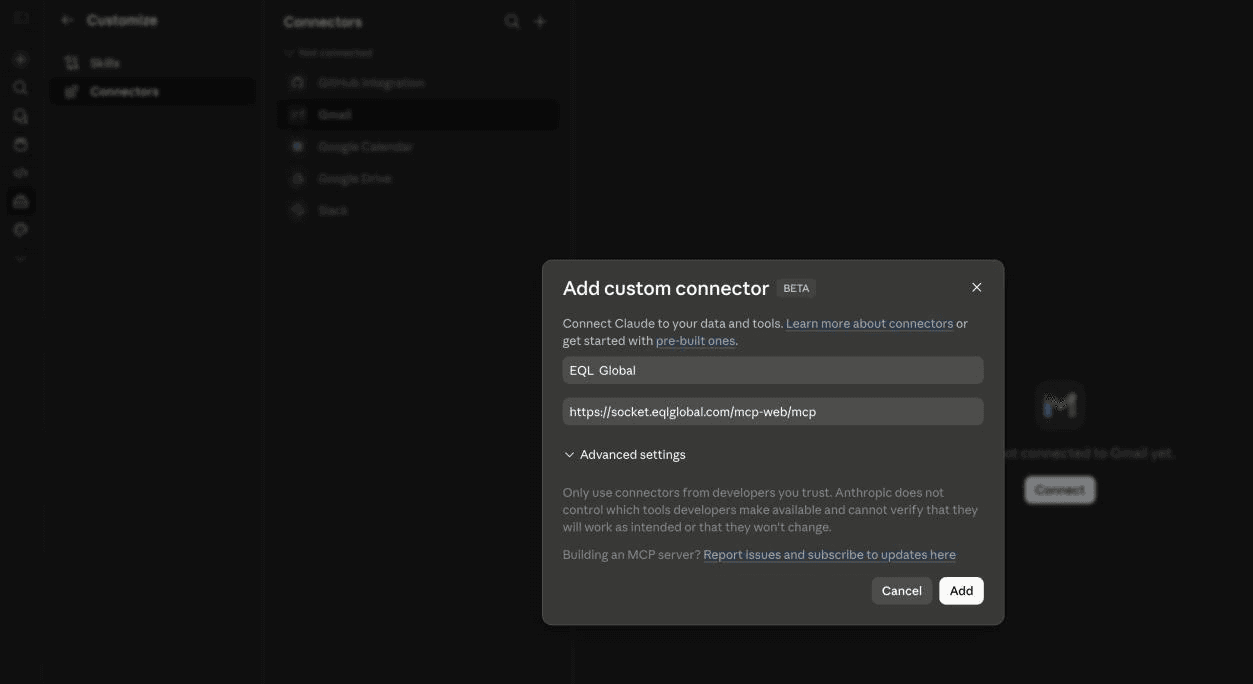 Customize panel with Connectors highlighted in the sidebar
