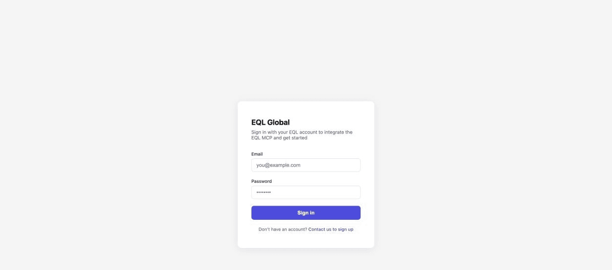Connectors list with Connect button highlighted next to EQL Global